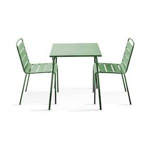 Oviala Business Vierkante tuintafel en 2 cactusgroene stalen stoelen - Oviala - groen Staal 106876