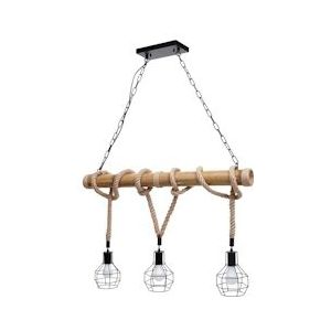 Mendler Hanglamp HWC-H82, hanglamp hanglamp, industriële vintage bamboe touw metaal zwart ~ 3x raster lampenkap - zwart Massief hout 74202