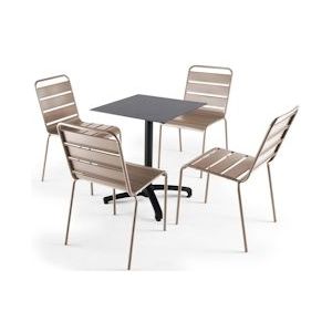 Oviala Business Set terrastafel in donker leisteen laminaat en 4 taupe stoelen - grijs Metaal 108211