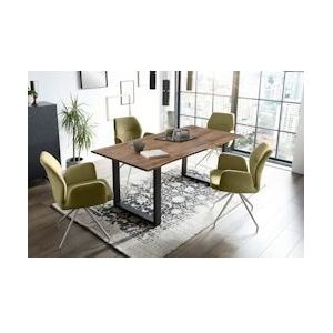 SalesFever eettafel groep 5-delig |180x90cm|tafelblad acacia 26mm walnoot|metalen frame zwart|4 stoelen 180° draaibaar gestructureerde stof |groen - 371107