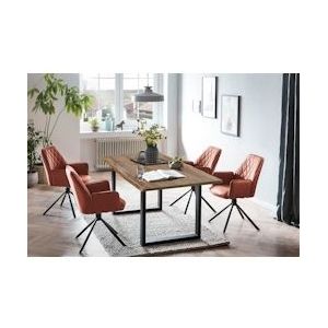 SalesFever eettafel groep 5-delig |180x90cm|tafelblad acacia 26mm walnoot|metalen frame zwart|4 armstoelen 360° draaibaar kunstleer look|cognac-zwart - 370667