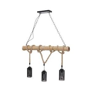Mendler Hanglamp HWC-H82, hanglamp hanglamp, industriële vintage bamboe touw metaal zwart ~ 3x buis lampenkap - zwart Massief hout 74205