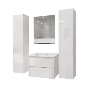 Mendler Badkamer set XL HWC-B19, wastafel wandspiegel 2x bovenkast, hoogglans ~ wit - wit Massief hout 57628+57627+57629+2x57618