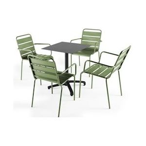 Oviala Business Set van donker laminaat terrastafel en 4 cactusgroene fauteuils - groen Metaal 108150