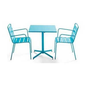 Oviala Business MobeventPro Vierkante uitklapbare terrastafel L.70 x B.70 x H.72 cm en 2 metalen armstoelen L.55 x B.55 x H.83 cm - Blauw - blauw Staal 105392