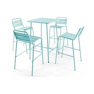 Oviala Business Set bartafel en 4 turquoise metalen hoge stoelen - Oviala - blauw Staal 109207