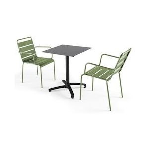 Oviala Business Tuintafel in donker laminaat en 2 cactusgroene fauteuils - Oviala - groen Metaal 108237