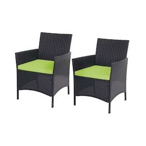 Mendler Set van 2 Poly-Rattan tuinstoelen Halden, rieten stoel ~ antraciet, kussens groen - zwart Kunststof 52032