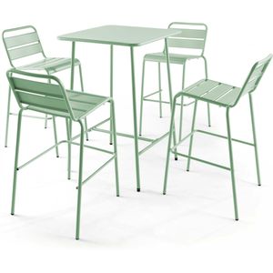 Oviala Business Set bartafel en 4 hoge stoelen in saliegroen metaal - Oviala - groen Staal 109206