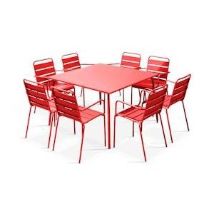Oviala Business Vierkante eettafel en 8 rode metalen armstoelen - Oviala - rood Staal 103643