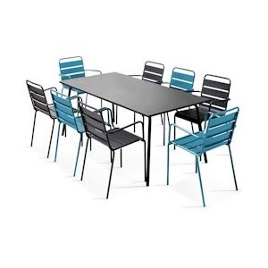 Oviala Business Set van tuintafel en 8 stoelen in Pacific blauw en grijs metaal - blauw Staal 106044