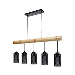 Mendler Hanglamp HWC-H83, hanglamp hanglamp, industrieel vintage massief hout metaal zwart ~ 5 buis lampenkappen - zwart Massief hout 74215