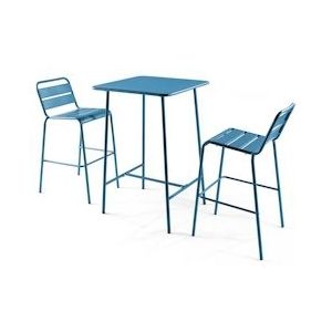 Oviala Business Pacifisch blauwe metalen bartafel en 2 hoge stoelen - Oviala - blauw Staal 105936