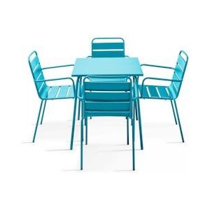 Oviala Business Vierkante terrastafel en 4 blauw stalen armstoelen - Oviala - blauw Staal 104809