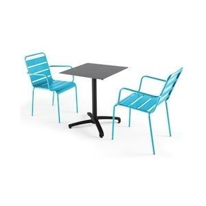 Oviala Business Set van grijze leisteen laminaat tuintafel en 2 blauwe fauteuils - Oviala - blauw Metaal 108233