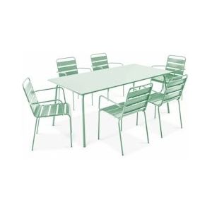 Oviala Business Set van tuintafel en 6 saliegroene metalen fauteuils - Oviala - groen Staal 109246