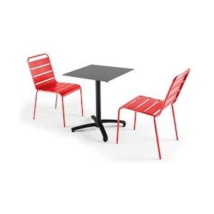 Oviala Business Set van donkere leisteen laminaat tuintafel en 2 rode stoelen - Oviala - rood Metaal 108177