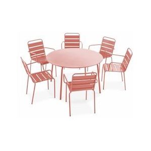 Oviala Business Ronde terrastafel en 6 leistoelen van kleistaal - Oviala - roze Staal 109257