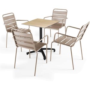 Oviala Business Eiken natuur laminaat terrastafel en 4 taupe fauteuils - Oviala - grijs Metaal 110164