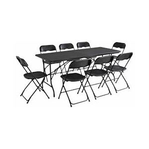 Oviala Business Rekkem opvouwbare tuinset HDPE tafel 180 x 75 x 74cm Zwart en stoelen 40 x 45 x 81cm x8 Zwart - zwart Kunststof 103510
