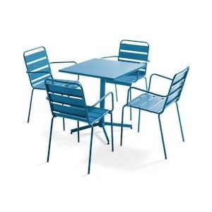 Oviala Business Pacifisch blauwe metalen tuintafel en 4 fauteuils - Oviala - blauw Staal 106015