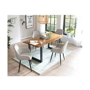 SalesFever Acacia tafelgroep 180 cm | 5-delig | 26 mm acacia blad | zwart metalen onderstel | stoelen in bedrukte stof | lichtgrijs - 370735