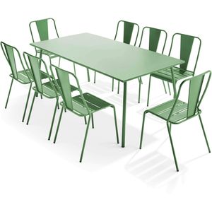 Oviala Business Set van tuintafel en 8 bistrostoelen in cactusgroen staal - Oviala - groen Staal 109521