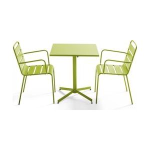 Oviala Business MobeventPro Vierkante uitklapbare terrastafel L.70 x B.70 x H.72 cm en 2 metalen armstoelen L.55 x B.55 x H.83 cm - Groen - groen Staal 105393