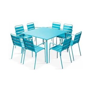 Oviala Business Vierkante eettafel en 8 blauwe metalen armstoelen - Oviala - blauw Staal 103642