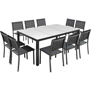 Oviala Business Keramische tuintafelset met marmereffect en 10 stoelen - wit Aluminium 109419