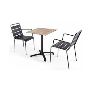 Oviala Business Tuintafel in donker eiken laminaat en 2 grijze fauteuils - Oviala - grijs Metaal 107743