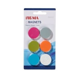 SIGMA Magneten, polystyreen, Ø 3,2 cm, geassorteerde kleuren, 6 stuks - meerkleurig Multi-materiaal 983254