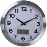 Perel Wandklok, rond, analoog, 35 cm, lcd-scherm met thermometer, hygrometer en weersvoorspelling, aluminium, zilver