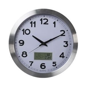 Perel Wandklok, rond, analoog, 35 cm, lcd-scherm met thermometer, hygrometer en weersvoorspelling, aluminium, zilver