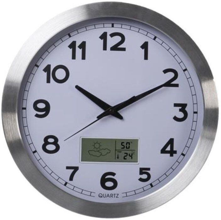 Perel Wandklok, rond, analoog, 35 cm, lcd-scherm met thermometer, hygrometer en weersvoorspelling, aluminium, zilver