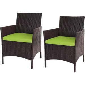 Mendler Set van 2 Poly-Rattan tuinstoelen Halden, rieten fauteuil ~ bruin-melé, kussen groen - bruin Kunststof 52034