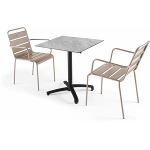 Oviala Business Set van 70 cm marmeren tafel en 2 taupe metalen stoelen - grijs Aluminium 111609