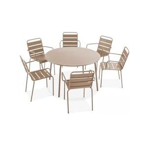 Oviala Business Ronde terrastafel en 6 taupe stalen fauteuils - Oviala - grijs Staal 105625