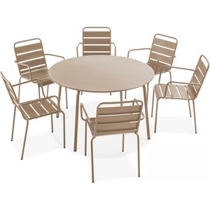 Oviala Business Ronde terrastafel en 6 taupe stalen fauteuils - Oviala - grijs Staal 105625