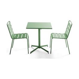Oviala Business Vierkante tuintafel en 2 cactusgroene metalen stoelen - Oviala - groen Staal 106885