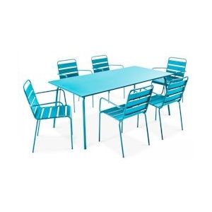 Oviala Business Set van tuintafel en 6 blauwe metalen fauteuils - Oviala - blauw Staal 106026