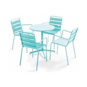 Oviala Business Tuintafel en 4 turquoise metalen fauteuils - Oviala - blauw Staal 109203