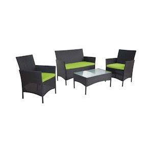 Mendler 2-1-1 Poly-rattan tuinset Halden, zitgroep loungeset bank ~ antraciet, kussens groen - zwart Kunststof 52032+52036+52039