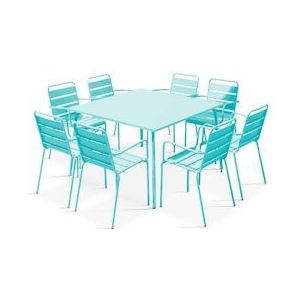 Oviala Business Vierkante eettafel en 8 turquoise metalen fauteuils - Oviala - blauw Staal 109284