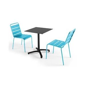 Oviala Business Set van zwarte laminaat tuintafel en 2 blauwe stoelen - Oviala - blauw Metaal 108170