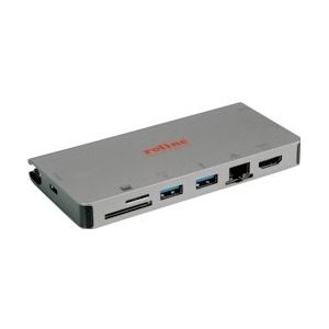 ROLINE USB Type C docking station, HDMI 4K, VGA, 2x USB 3.2 Gen 1, LAN, PD, kaartlezer - zilver 12.02.1022