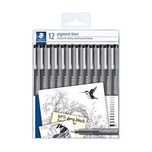 Staedtler fineliner Pigment Liner, set van 12 fineliners, zwart - 4007817088043