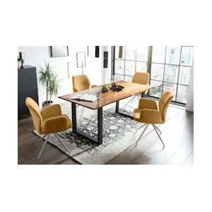 SalesFever Acacia tafelgroep 160 cm | 5-delig | 26 mm blad cognac | metalen frame zwart | bureaustoelen van stof met opdruk | geel - 370940