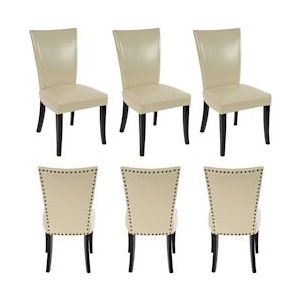 Mendler Set van 6 eetkamerstoelen Chesterfield, stoel keukenstoel, klinknagels ~ kunstleer, crème, donkere poten - beige Synthetisch materiaal 35765+35765+35765