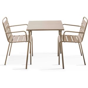 Oviala Business Vierkante tuintafel en 2 taupe stalen fauteuils - Oviala - grijs Staal 105385